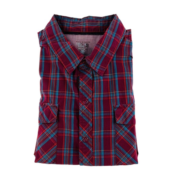 Mountain Hardwear Other - Mountain‎ Hardwear Maroon w/ Blue & Yellow Check Short Sleeve Snap Up Size Large